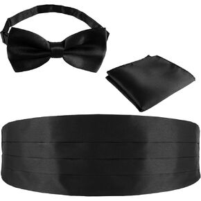 Cumberbund Black 3pcs Cumberbund and Bow Tie Set for Men Tuxedo Satin Pretied Bowtie with Breast Pocket Handkerchief for Wedding Formal Special Occassions Tuxedo Bow Ties for Men