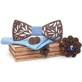 ikasus Wooden Mens Bow Tie Gift Set - Handmade Natural Wood Bowtie with Square Scarf, Corsage and Cufflinks Wood Box Set Type 5