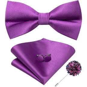 Hi-Tie Silk Bow Ties for Men Pre-Tied Bowties Lapel Pin Pocket Square Cufflinks Set Wedding Adjustable Bow Tie