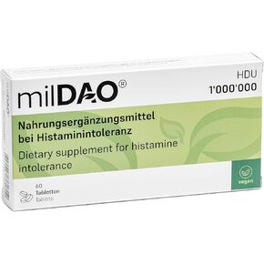 milDAO® - 60 Tablets - Vegan Dietary Supplement for Histamine Intolerance. DAO Enzyme Diamine Oxidase. The Plant-Based Alternative.