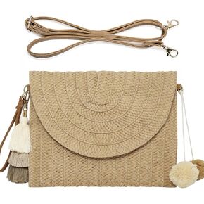 Straw Clutch Purse Women Handmade Straw Woven Tassel Pendant Crossbody Shoulder Bag Summer Beach Envelope Wallet Handbag