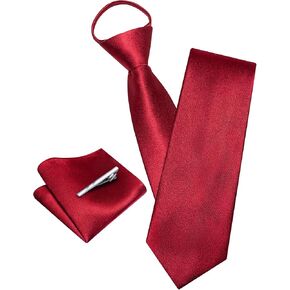 YOHOWA Zipper Ties for Men Solid Pre-Tied Tie with Tie Clip Extra Long Adjustable Necktie Pocket Square Cufflinks Set