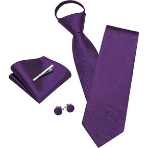 YOHOWA Zipper Ties for Men Solid Pre-Tied Tie with Tie Clip Extra Long Adjustable Necktie Pocket Square Cufflinks Set in Kuwait