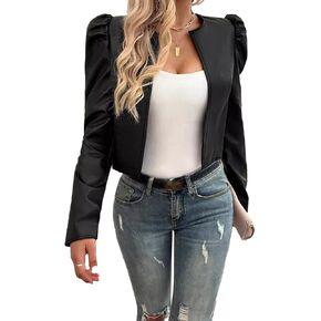 SEMATOMALA Women's Puff Sleeve Cropped Jacket Faux Leather Bolero Blazer Long Sleeve Open Front PU Cardigan