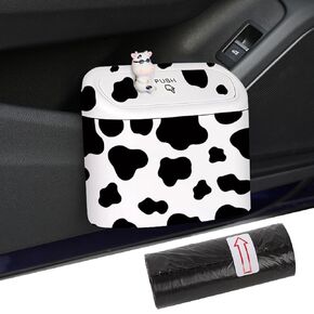 SuperKaKa Car Cow Print Trash Can - White Garbage Organizer Holder with Black Trash Bag Rolls, Cute Automotive Dustbin for Most Cars Interior Accessories (1, White)
