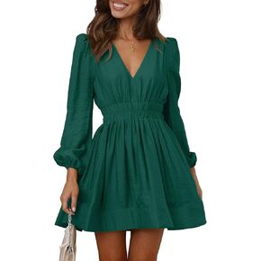 BWQ Women Mini Dress Long Sleeve Deep V Sexy Dress A-line Elastic High Waisted Flowy Dress
