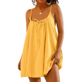 Fisoew Womens Spaghetti Strap Swimsuit Coverup Summer Linen Tie Backless Sleeveless Beach Cami Mini Dress with Pockets