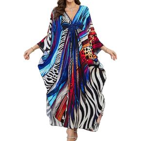 Women Kaftan Dresses Plus Size V-Neck Batwing Sleeves Beach Cover Up 2025 Summer Floral Print Caftan Dress