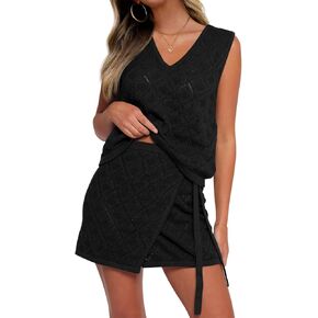 Fisoew Womens 2 Piece Crochet Swimsuit Cover Ups Sleeveless V Neck Tank Tops Wrap Skirt Sets Beach Vacation Outfits