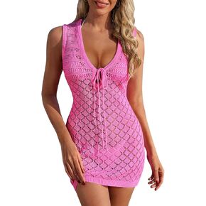 FAIRY SEASON Swimsuit Coverup for Women Crochet Swim Cover Up Knit Hollow Out Cover Up Front Tie Sleeveless Beach Dresses