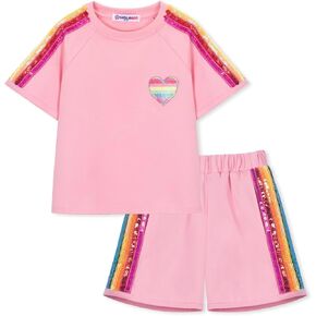 WELAKEN Girls 2 Piece Outfit Kid Toddler Heart & Rainbow Sequin Striped T-shirt and Shorts Clothing Set