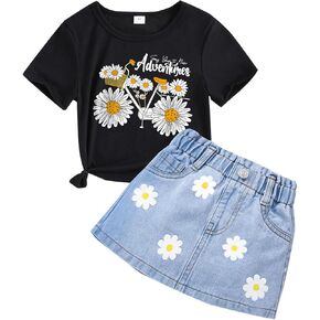 Toddler Girl Clothes - Flower Print Short Sleeve T-Shirt & Toddler Denim Skirt - Girls Clothing Size（3-7T）