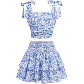 Verdusa Girl's 2 Piece Floral Print Ruffle A Line Skirt Sets with Cami Top Summer Outfits