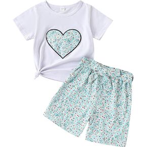 Cute Girl Heart Pattern Printed Short Sleeve Top + Printed Belt Shorts Summer 2-Piece Set