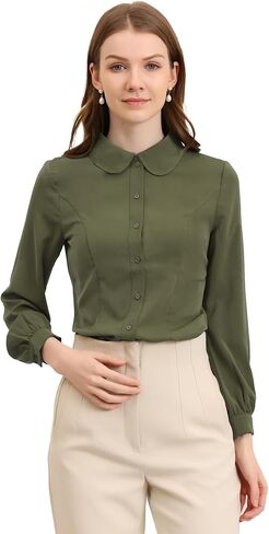 Allegra K Women's Button Up Shirt Business Casual Career Peter Pan Collar Long Bishop Sleeve Blouse in Saudi Arabia