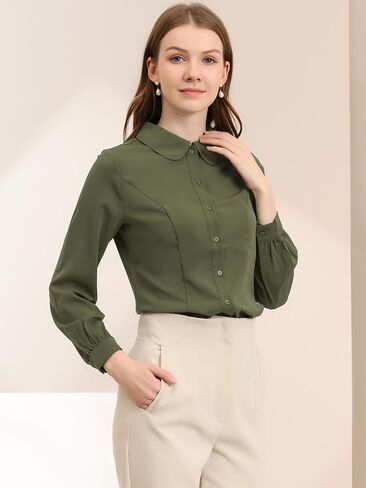 Allegra K Women's Button Up Shirt Business Casual Career Peter Pan Collar Long Bishop Sleeve Blouse in Saudi Arabia