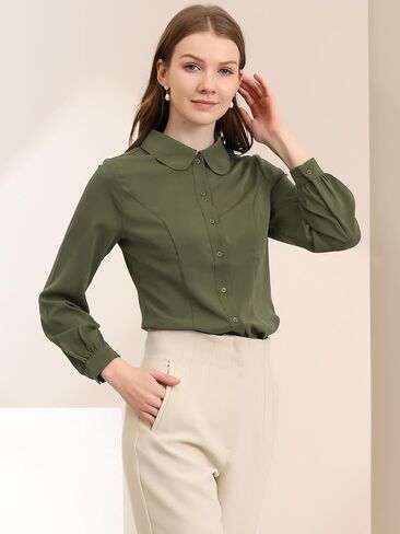 Allegra K Women's Button Up Shirt Business Casual Career Peter Pan Collar Long Bishop Sleeve Blouse in Saudi Arabia