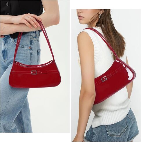 Y2k Shoulder Bag Red Patent Leather Purse For Women Small Vintage Handbag Burgundy Hobo Bags Faux Leather Underarm in Kuwait
