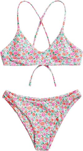 SHENHE Women's Floral Bikini Set 2 Piece Criss Cross Tie Back Low Rise Boho Swimsuits in Kuwait