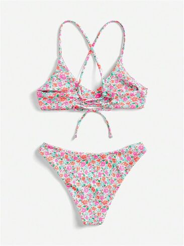 SHENHE Women's Floral Bikini Set 2 Piece Criss Cross Tie Back Low Rise Boho Swimsuits in Kuwait