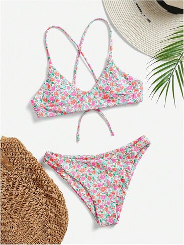SHENHE Women's Floral Bikini Set 2 Piece Criss Cross Tie Back Low Rise Boho Swimsuits in Kuwait