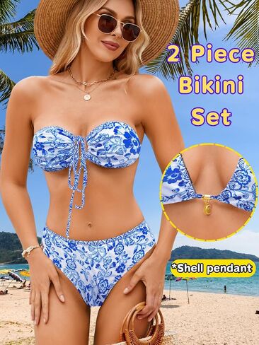 مجموعات Bikini Bandeau Bikini من طراز O-Ring للنساء ، Shell Ruched Top & Mid-Rise Bottom Botho اثنين in Kuwait