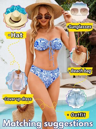 مجموعات Bikini Bandeau Bikini من طراز O-Ring للنساء ، Shell Ruched Top & Mid-Rise Bottom Botho اثنين in Kuwait