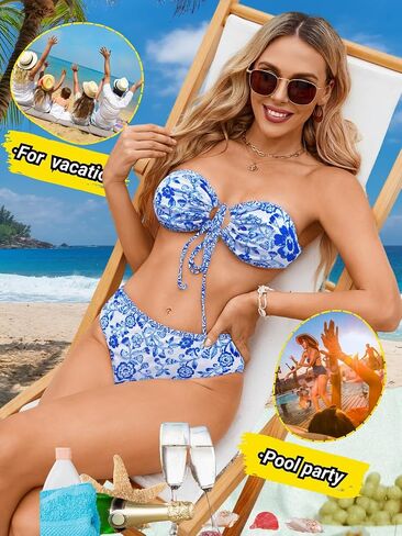 مجموعات Bikini Bandeau Bikini من طراز O-Ring للنساء ، Shell Ruched Top & Mid-Rise Bottom Botho اثنين in Kuwait
