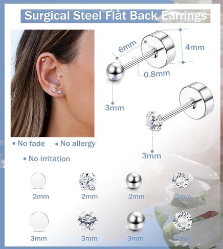 THUNARAZ 16 Pairs Tiny Cartilage Stud Earrings for Women Men Surgical Steel Flat Back Cartilage Earrings Hypoallergenic Cubic Zirconia Tiny Ball Studs Earrings 2mm 3mm Tragus Helix Daith Piercing in Saudi Arabia