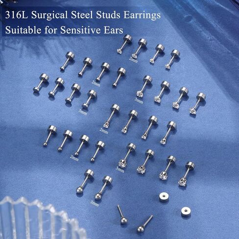 THUNARAZ 16 Pairs Tiny Cartilage Stud Earrings for Women Men Surgical Steel Flat Back Cartilage Earrings Hypoallergenic Cubic Zirconia Tiny Ball Studs Earrings 2mm 3mm Tragus Helix Daith Piercing in Saudi Arabia