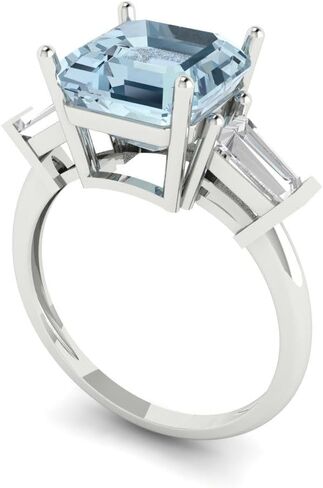 3 ct Asscher Cut Natural Aquamarine 18K Yellow Gold Three-Stone Wedding Engagement Bridal Promise Ring in Saudi Arabia