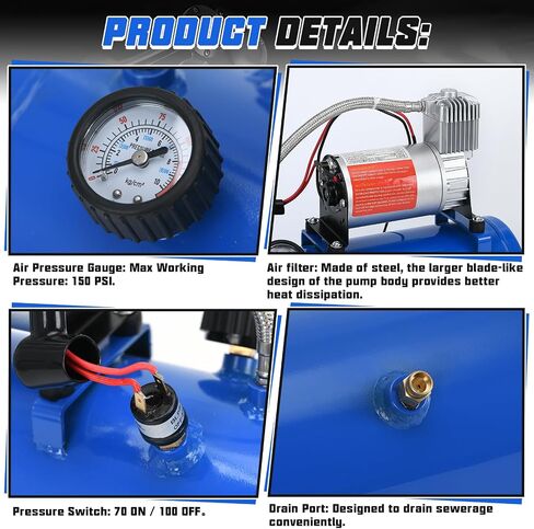 PTNHZ DC 12V MAX 150PPSI مضخة ضاغط الهواء مضخة W/6 لتر 1.6 جالون لخزان القوارب القوارب الصغيرة مضخة ضاغط الهواء المحمولة in Kuwait