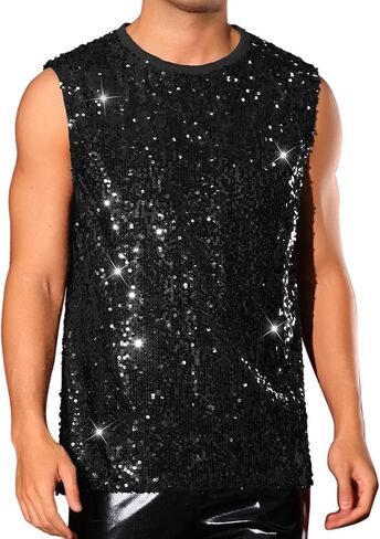 Lars Amadeus Sequin Tank Top for Men's Glitter Sleeveless Tee Disco Party Sparkly Metallic Vest in Kuwait