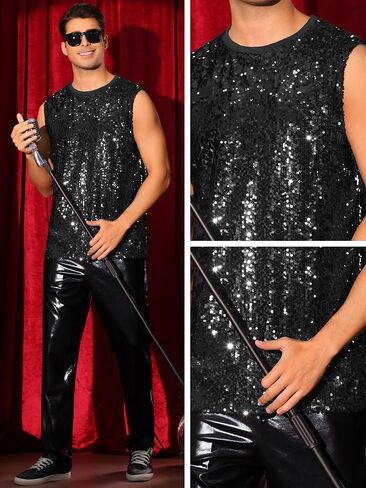 Lars Amadeus Sequin Tank Top for Men's Glitter Sleeveless Tee Disco Party Sparkly Metallic Vest in Kuwait