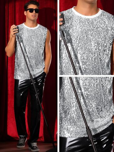Lars Amadeus Sequin Tank Top for Men's Glitter Sleeveless Tee Disco Party Sparkly Metallic Vest in Kuwait