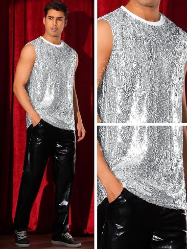 Lars Amadeus Sequin Tank Top for Men's Glitter Sleeveless Tee Disco Party Sparkly Metallic Vest in Kuwait