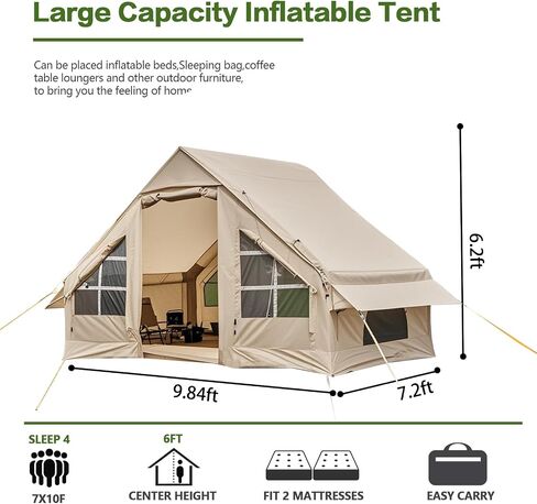 Inflatable Camping Tent with Canopy, Cabin Tent, 4-6 Person Glamping Tents Sun Shelter, Easy Setup Waterproof Outdoor Oxford Tents, Self-Supporting Structure Inflatable House Tent with Picnic Blanket in Kuwait