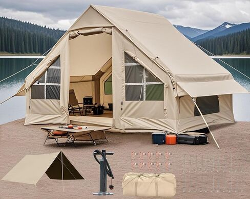 Inflatable Camping Tent with Canopy, Cabin Tent, 4-6 Person Glamping Tents Sun Shelter, Easy Setup Waterproof Outdoor Oxford Tents, Self-Supporting Structure Inflatable House Tent with Picnic Blanket in Kuwait