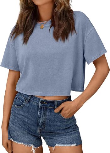 Trendy Queen Womens Crop Tops Short Sleeve T-Shirts Acid Wash Casual Summer Clothes Trendy Comfy 2025 Workout Baggy Soft Tees in Kuwait