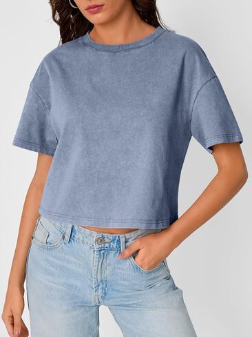 Trendy Queen Womens Crop Tops Short Sleeve T-Shirts Acid Wash Casual Summer Clothes Trendy Comfy 2025 Workout Baggy Soft Tees in Kuwait