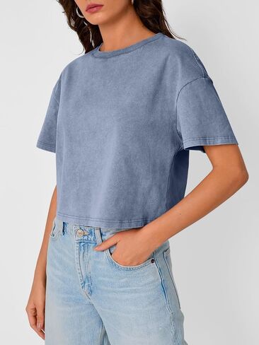 Trendy Queen Womens Crop Tops Short Sleeve T-Shirts Acid Wash Casual Summer Clothes Trendy Comfy 2025 Workout Baggy Soft Tees in Kuwait