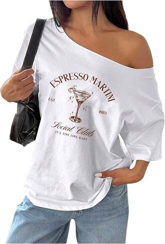 Women's Oversized Off Shoulder Graphic Tees Short Sleeve Bow Letter Print T Shirts Y2K Tops in Kuwait