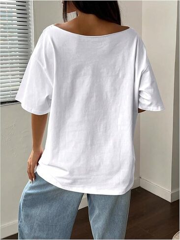 Women's Oversized Off Shoulder Graphic Tees Short Sleeve Bow Letter Print T Shirts Y2K Tops in Kuwait