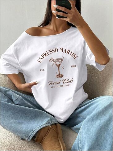Women's Oversized Off Shoulder Graphic Tees Short Sleeve Bow Letter Print T Shirts Y2K Tops in Kuwait