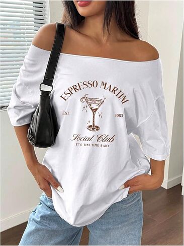 Women's Oversized Off Shoulder Graphic Tees Short Sleeve Bow Letter Print T Shirts Y2K Tops in Kuwait