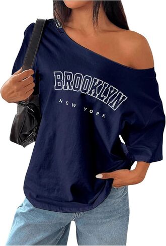Women's Oversized Off Shoulder Graphic Tees Short Sleeve Bow Letter Print T Shirts Y2K Tops in Kuwait