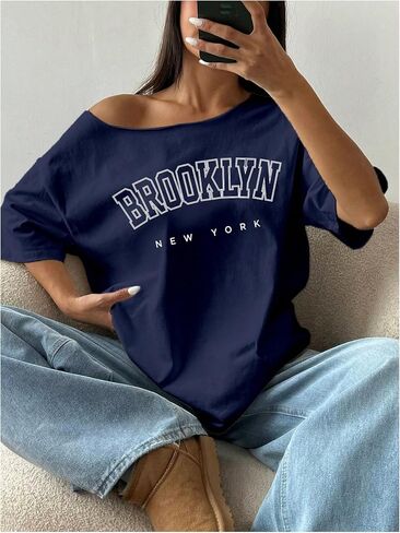 Women's Oversized Off Shoulder Graphic Tees Short Sleeve Bow Letter Print T Shirts Y2K Tops in Kuwait