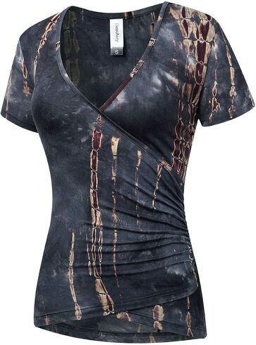 Beauhuty Women's Top Deep V Neck Neck Slim Thirt Frable Wrap Ruched Short Sleeve Tee in Kuwait