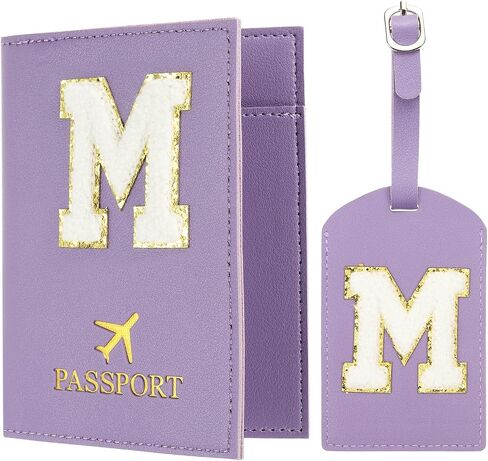 PATIKIL Passport Holder for Travel, Initial Passport Cover and Luggage Tag Set with Alphabet Chenille Letter Patch Travel Wallet Bag Suitcase Identifier for Women Family Travel Purple M in Saudi Arabia