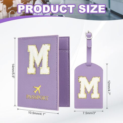 PATIKIL Passport Holder for Travel, Initial Passport Cover and Luggage Tag Set with Alphabet Chenille Letter Patch Travel Wallet Bag Suitcase Identifier for Women Family Travel Purple M in Saudi Arabia